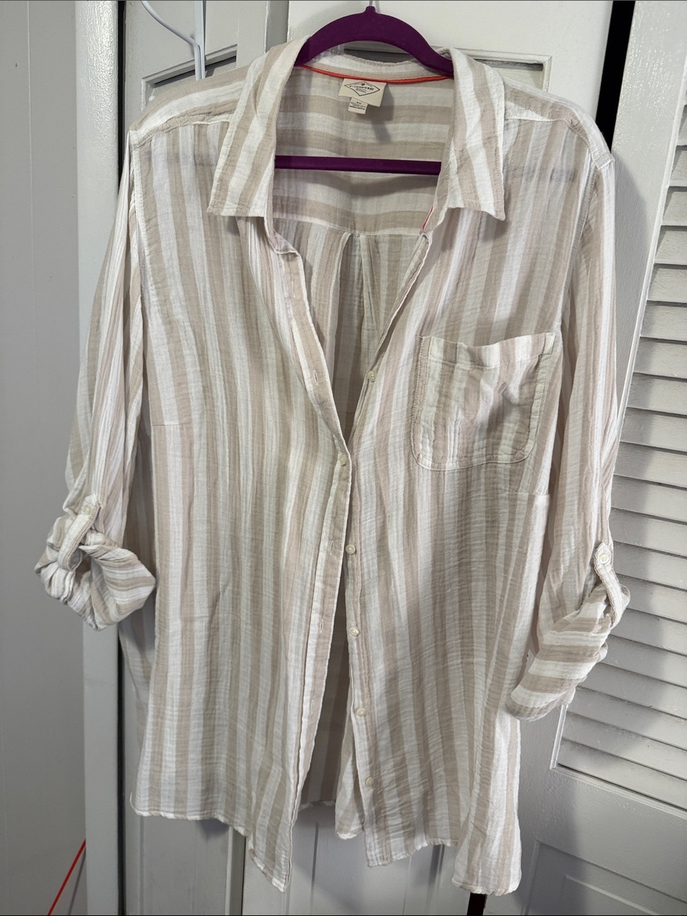 St. John's Bay Beige and White Striped Button-Down Shirt